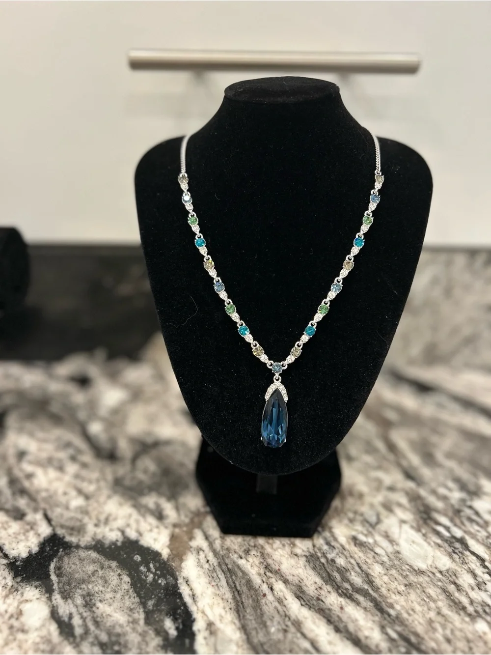 Givenchy Blue Teardrop Pendant Necklace with Blue and Green Accents